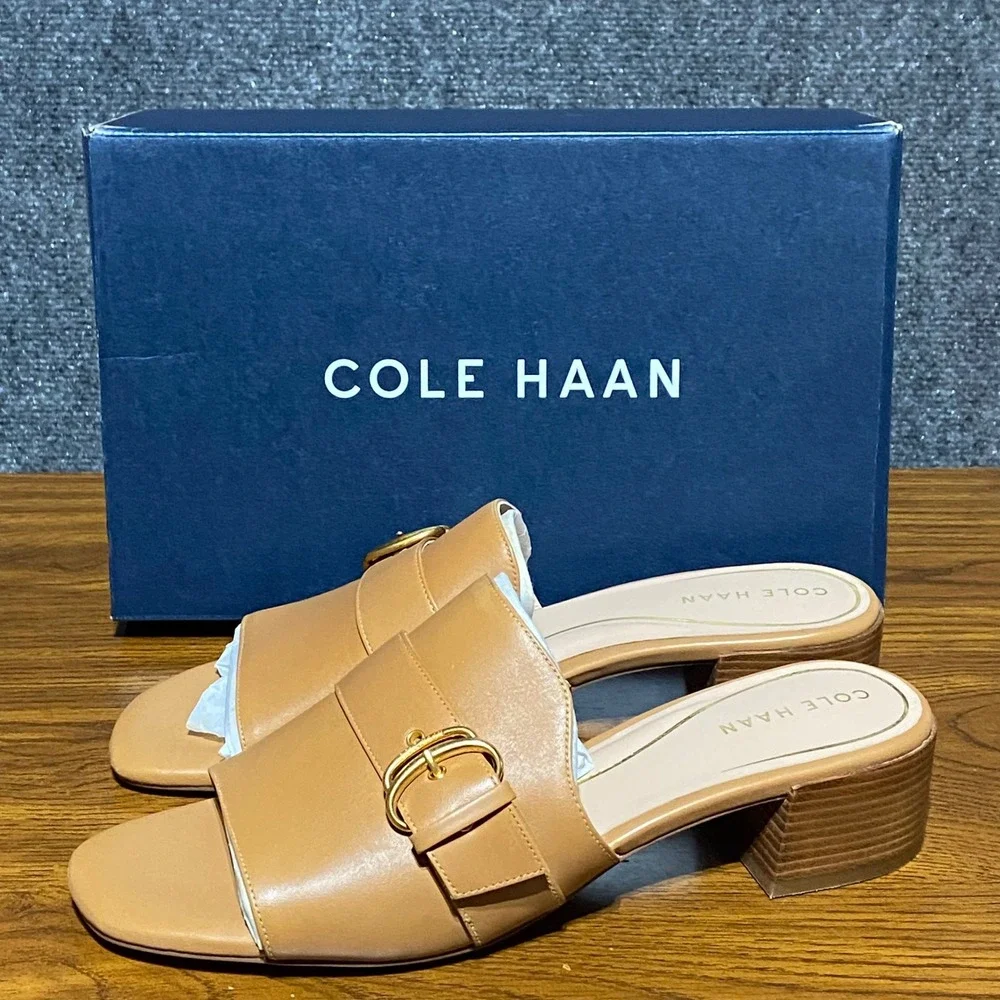 Cole Haan Crosby Slide Leather Sandal Women 10.5B‎ Tan Block Heel Gold Buckle